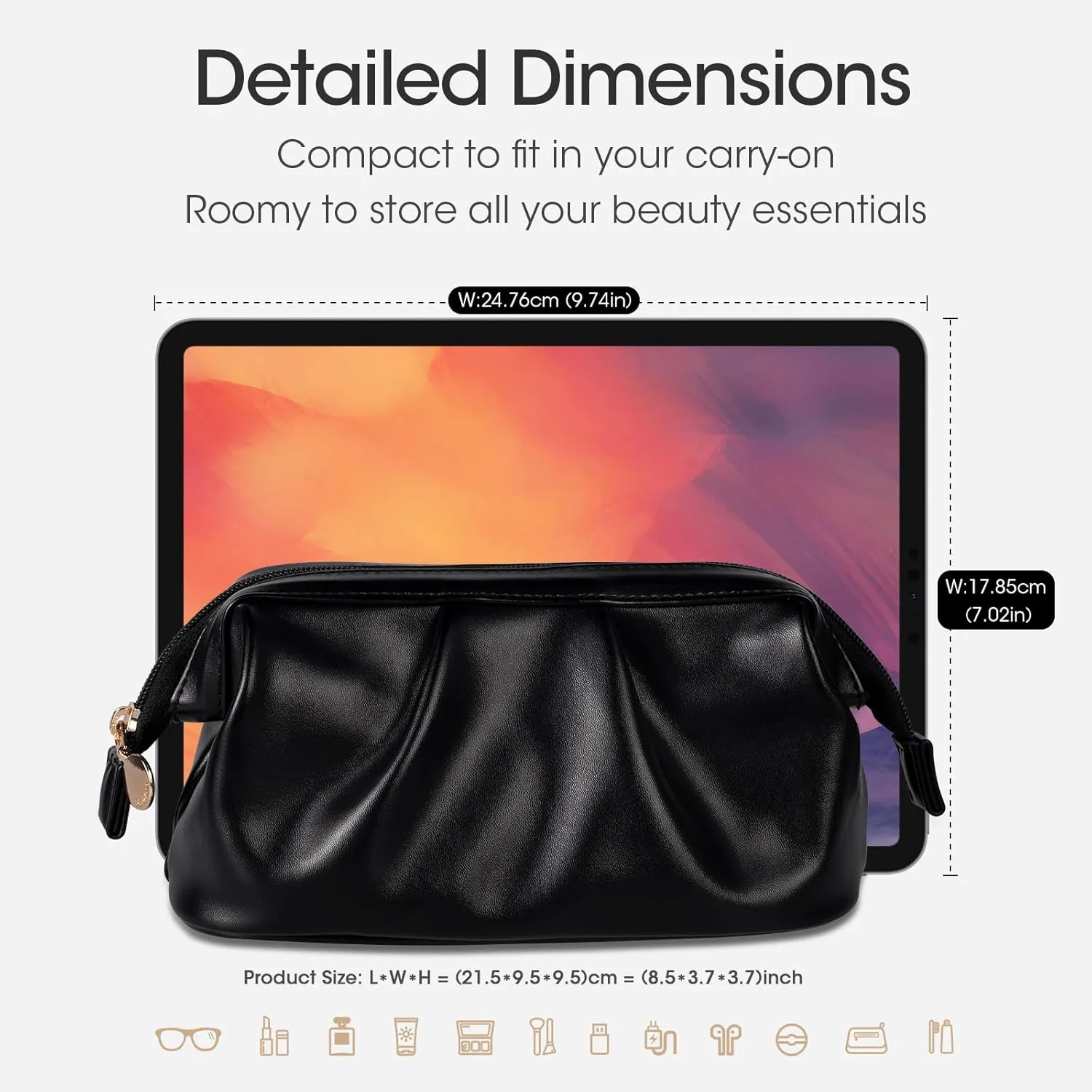Abiudeng Small Makeup Bag for Women Make up Travel Bag Toiletry Bag Portable Cosmetic Bag Wide-open Pouch Purse Travel Essentials Toiletries Accessories-Black