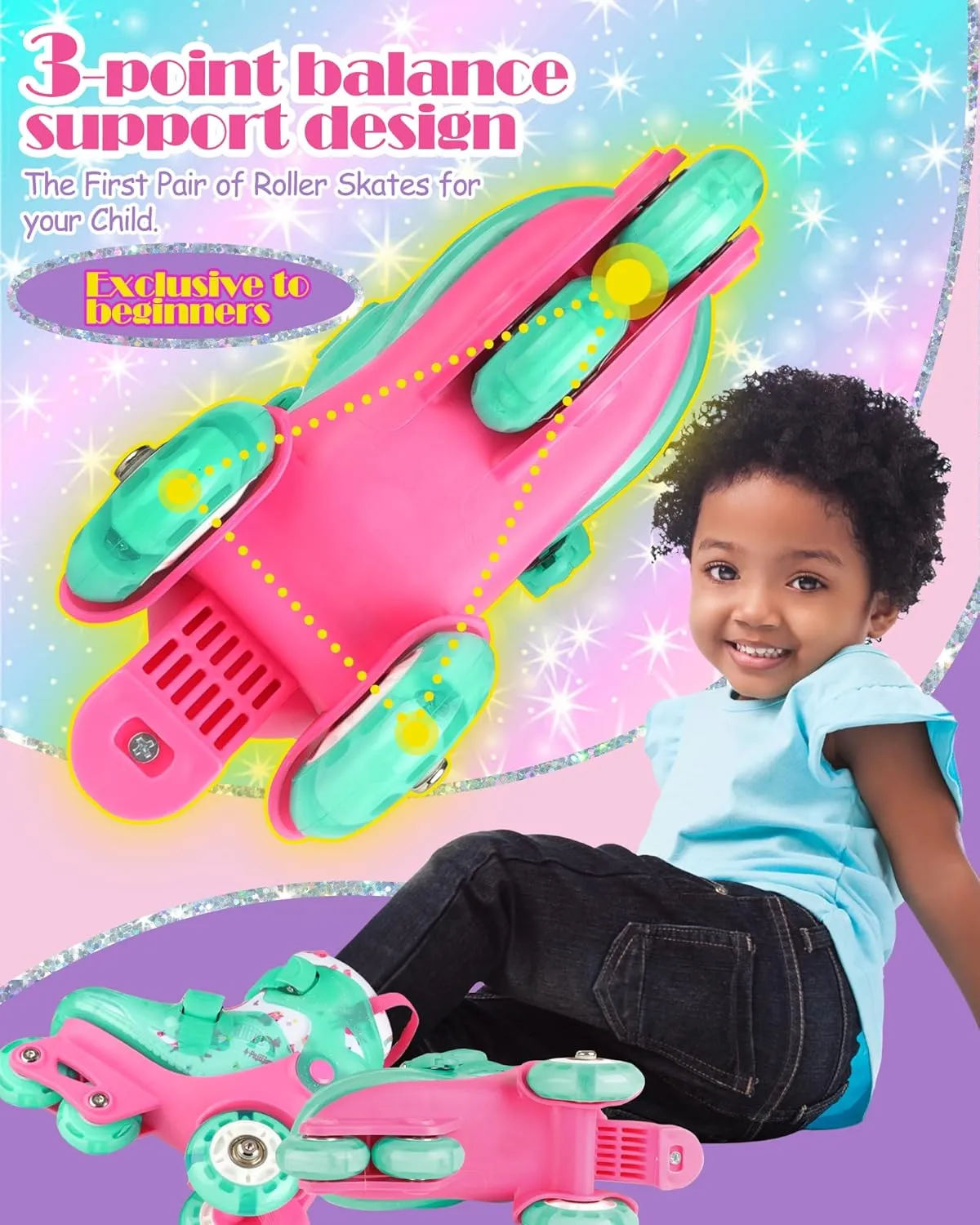 Adjustable Roller Skates for Kids Girls Ladies with Light Up Flash LED Wheels(Age 3-9),Three-Point Type Balance,Gift Box Packing for Toddlers,Children