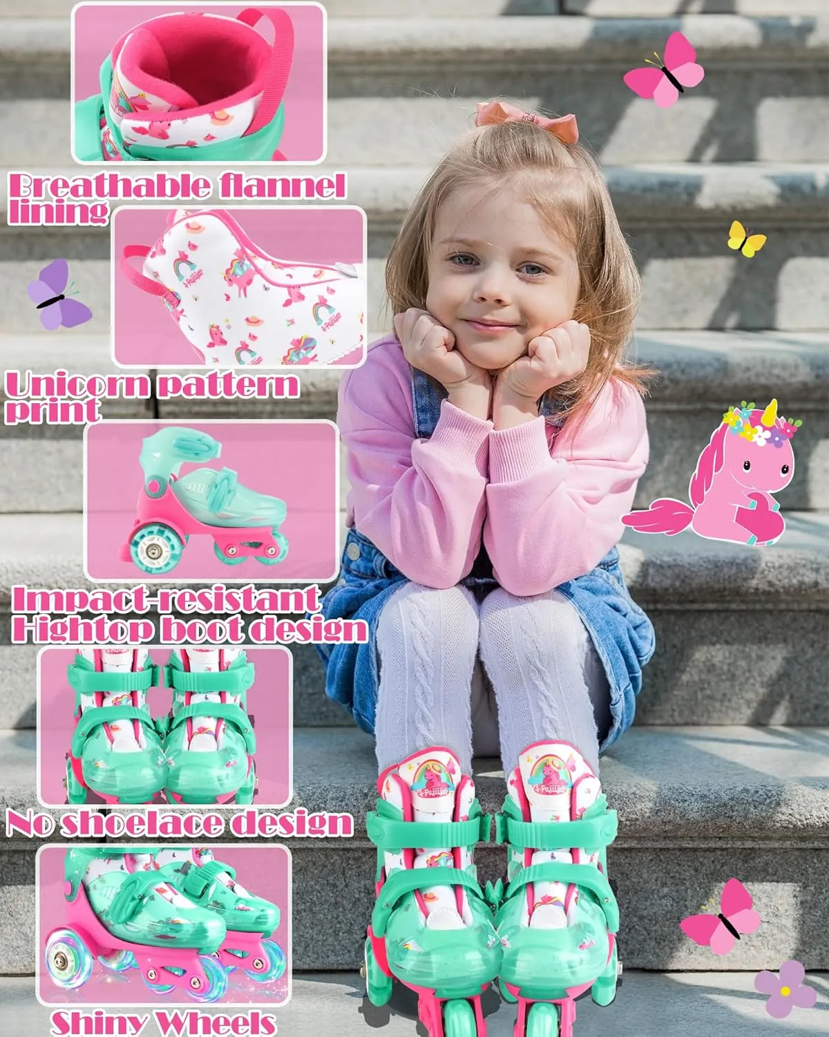 Adjustable Roller Skates for Kids Girls Ladies with Light Up Flash LED Wheels(Age 3-9),Three-Point Type Balance,Gift Box Packing for Toddlers,Children