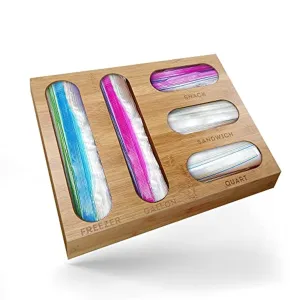 Ailker Bamboo Ziplock Bag Container Organizer, Plastic Bag Organizer for Drawer, Small Organizer for Gallon, Quart, Sandwich, & Snack Variety Sized Resealable Bags, 5 Storage Compartments