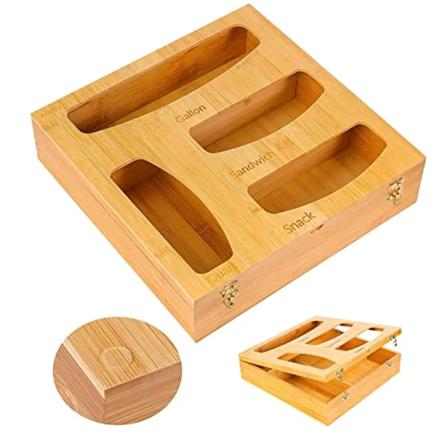 Ailker Bamboo Ziplock Bag Storage Organizer for Kitchen Drawer, Food Storage Bag Holders, Openable Top Lids Plastic Bag Organizer and Dispenser for Gallon, Sandwich, Snack and Quart Bags