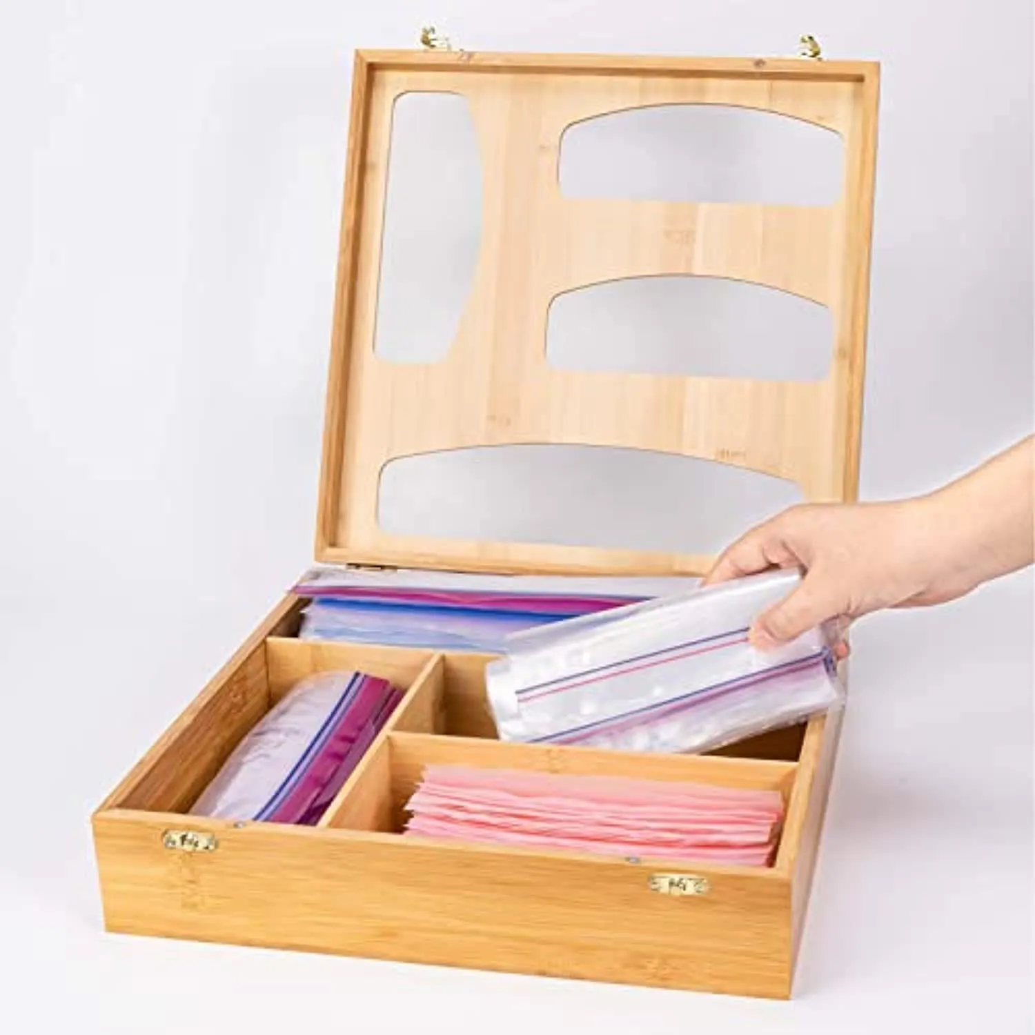 Ailker Bamboo Ziplock Bag Storage Organizer for Kitchen Drawer, Food Storage Bag Holders, Openable Top Lids Plastic Bag Organizer and Dispenser for Gallon, Sandwich, Snack and Quart Bags