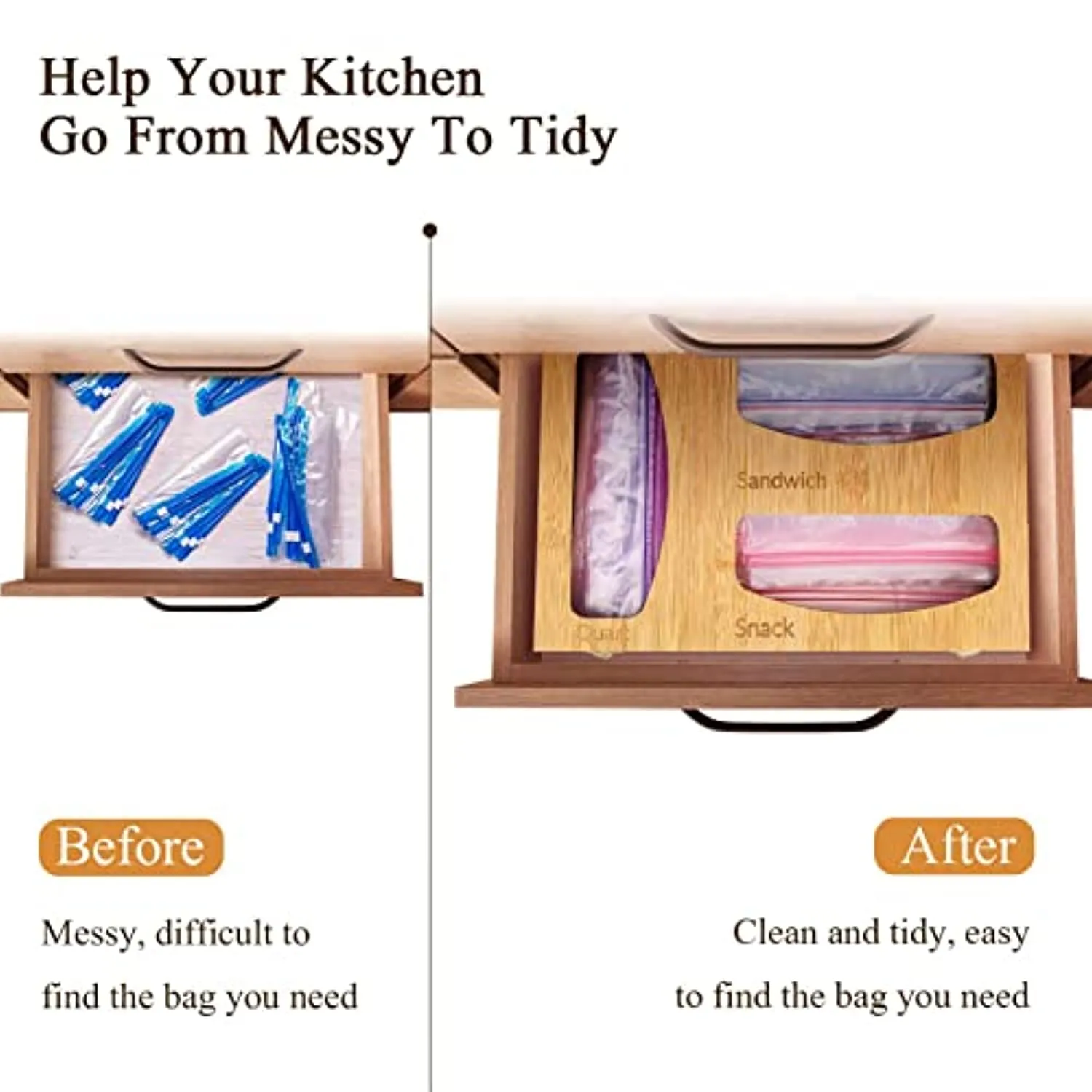 Ailker Bamboo Ziplock Bag Storage Organizer for Kitchen Drawer, Food Storage Bag Holders, Openable Top Lids Plastic Bag Organizer and Dispenser for Gallon, Sandwich, Snack and Quart Bags
