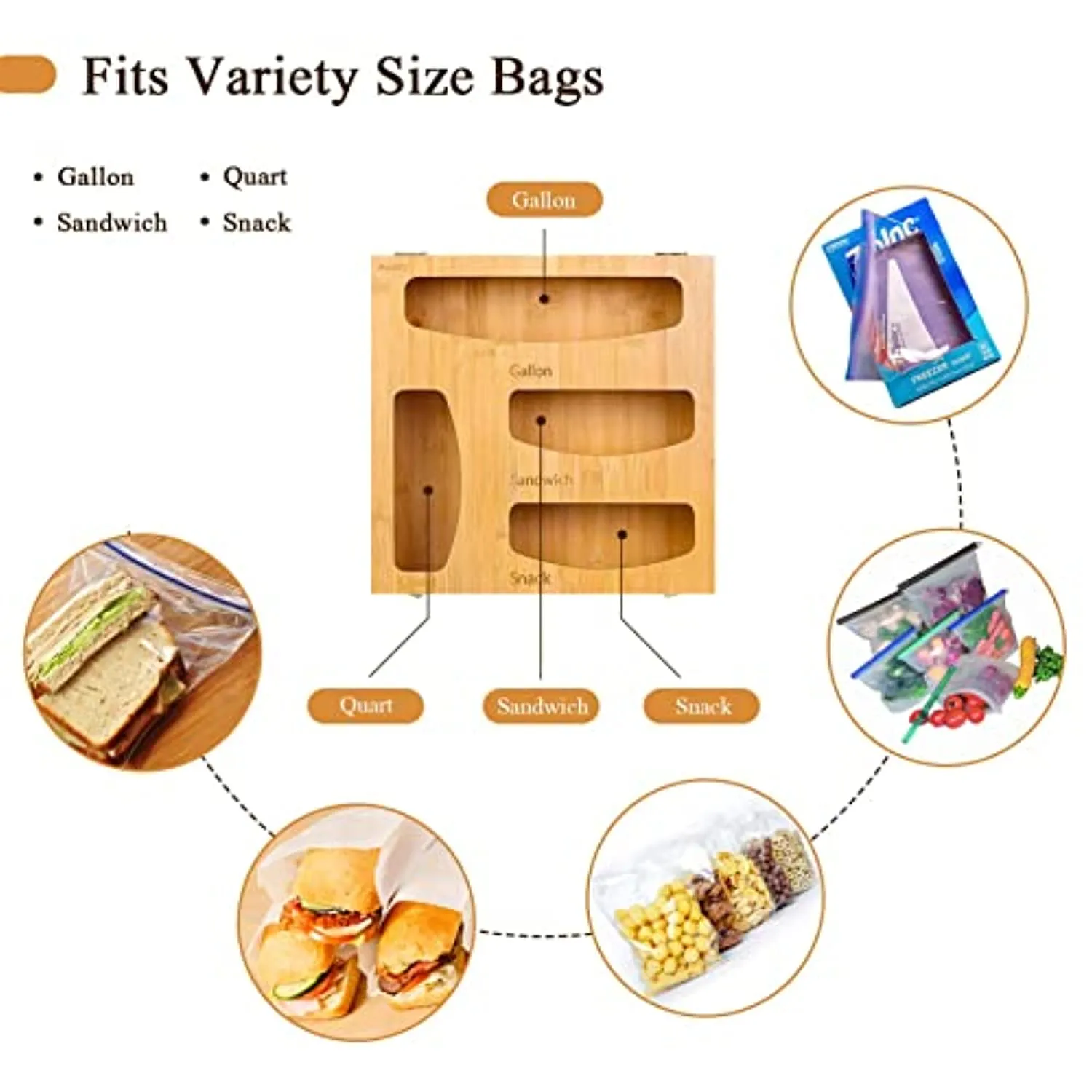 Ailker Bamboo Ziplock Bag Storage Organizer for Kitchen Drawer, Food Storage Bag Holders, Openable Top Lids Plastic Bag Organizer and Dispenser for Gallon, Sandwich, Snack and Quart Bags