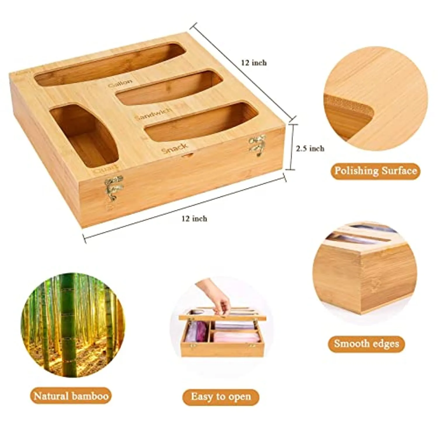 Ailker Bamboo Ziplock Bag Storage Organizer for Kitchen Drawer, Food Storage Bag Holders, Openable Top Lids Plastic Bag Organizer and Dispenser for Gallon, Sandwich, Snack and Quart Bags