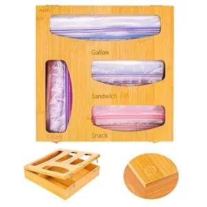 Ailker Bamboo Ziplock Bag Storage Organizer for Kitchen Drawer, Food Storage Bag Holders, Openable Top Lids Plastic Bag Organizer and Dispenser for Gallon, Sandwich, Snack and Quart Bags