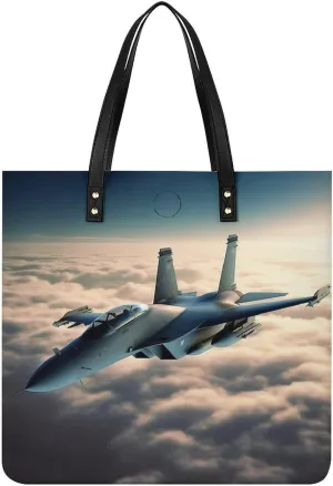 Aircraft Fighter Jets Tote Bag Pu Leather Handbags for Women Shopping Shoulder Bags Travel Hobo Bags Slouchy Tote Big Capacity Cross Body Handbags Laptop Briefcases