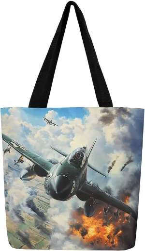 Aircraft Tank Canvas Tote Bag,Military Theme for Shopping Gym,Large Capacity Shoulder Handbags