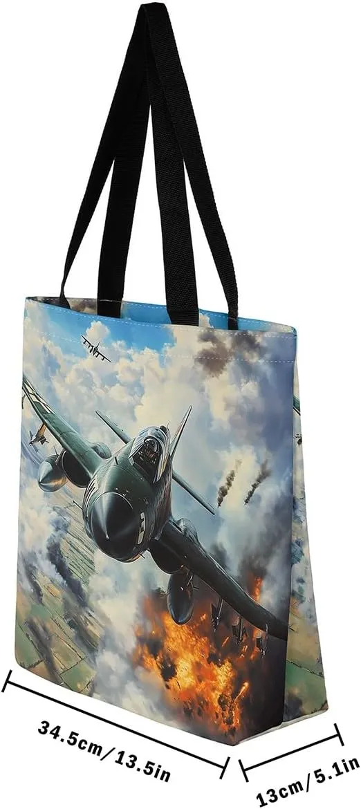Aircraft Tank Canvas Tote Bag,Military Theme for Shopping Gym,Large Capacity Shoulder Handbags