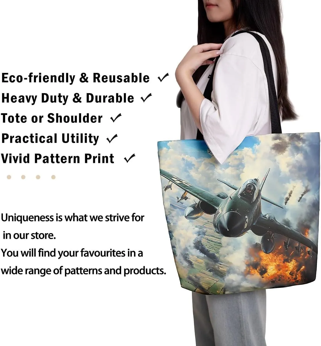 Aircraft Tank Canvas Tote Bag,Military Theme for Shopping Gym,Large Capacity Shoulder Handbags
