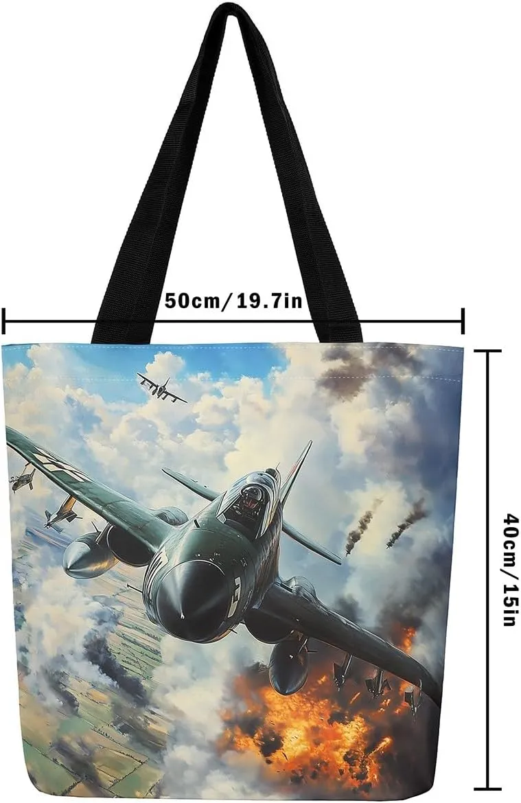 Aircraft Tank Canvas Tote Bag,Military Theme for Shopping Gym,Large Capacity Shoulder Handbags