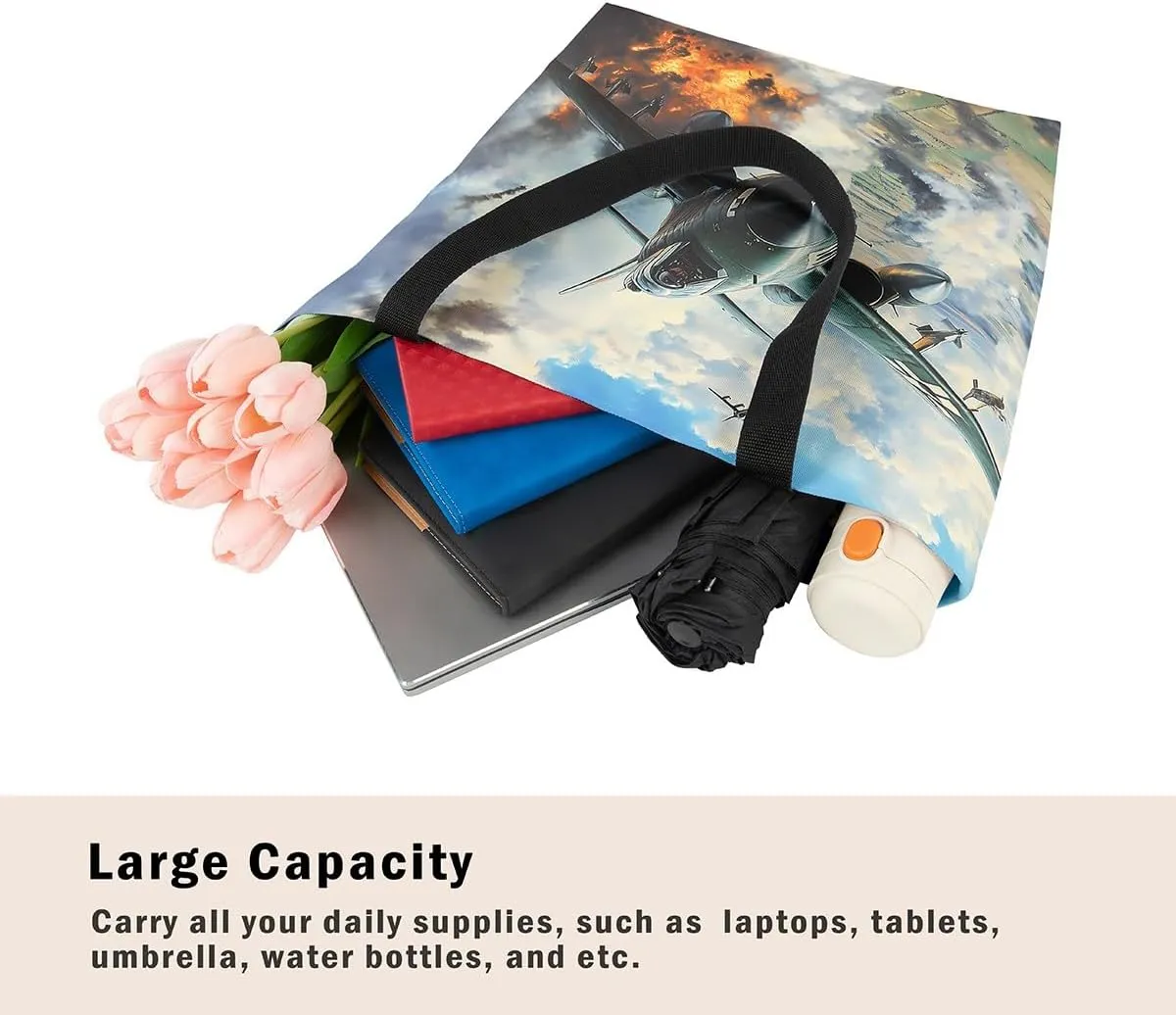 Aircraft Tank Canvas Tote Bag,Military Theme for Shopping Gym,Large Capacity Shoulder Handbags