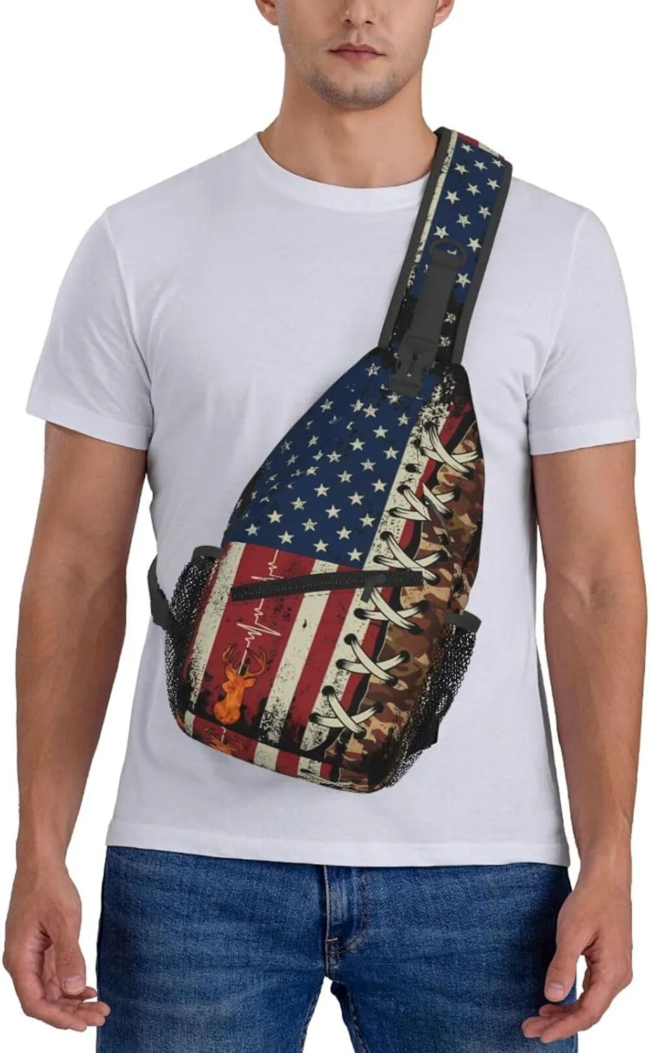 American Flag Hunting Buck Deer Crossbody Sling Bag Chest Bags Casual Shoulder Backpack Sport Fanny Pack Gym Diagonally Daypack with Adjustable Strap for Running