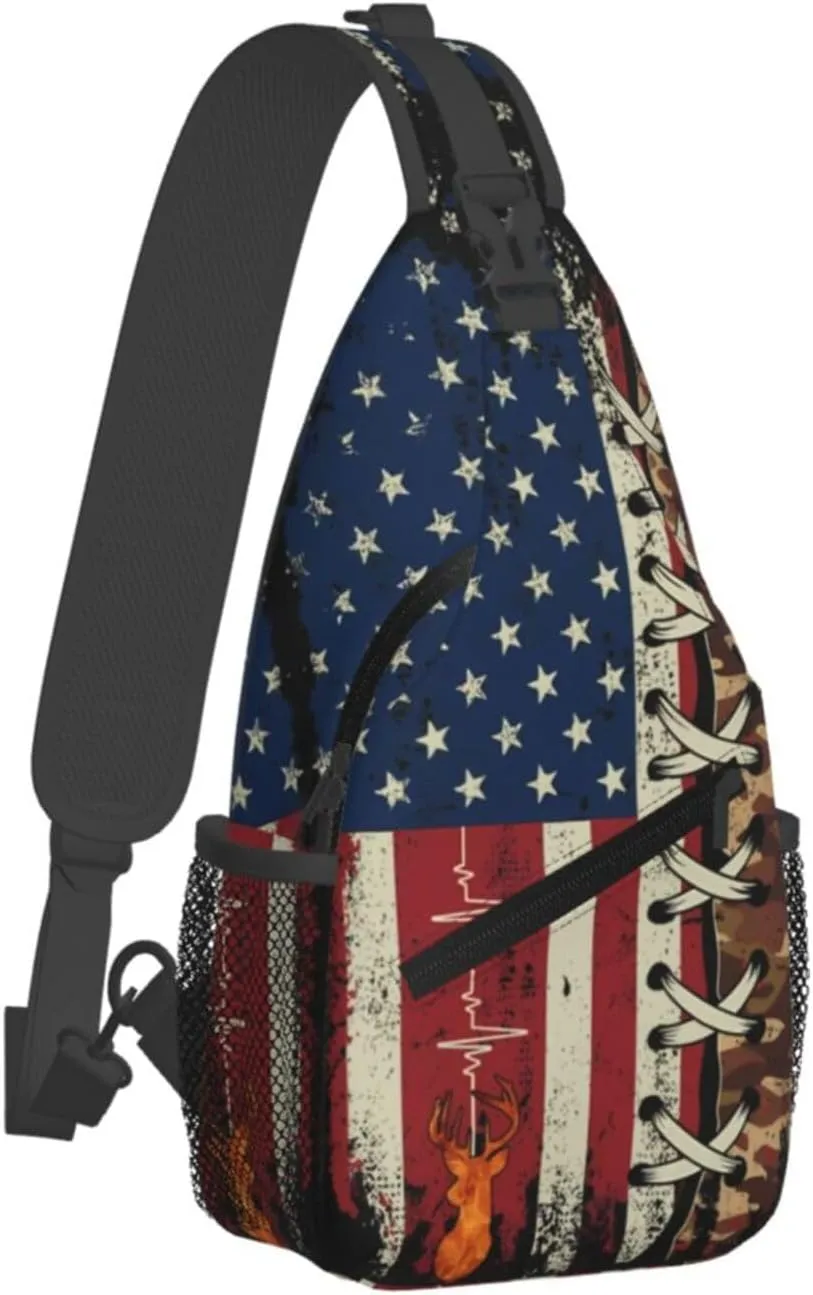 American Flag Hunting Buck Deer Crossbody Sling Bag Chest Bags Casual Shoulder Backpack Sport Fanny Pack Gym Diagonally Daypack with Adjustable Strap for Running