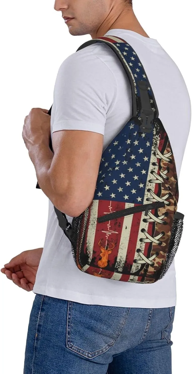 American Flag Hunting Buck Deer Crossbody Sling Bag Chest Bags Casual Shoulder Backpack Sport Fanny Pack Gym Diagonally Daypack with Adjustable Strap for Running