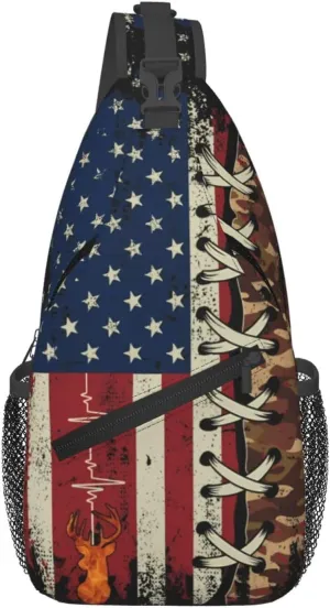 American Flag Hunting Buck Deer Crossbody Sling Bag Chest Bags Casual Shoulder Backpack Sport Fanny Pack Gym Diagonally Daypack with Adjustable Strap for Running