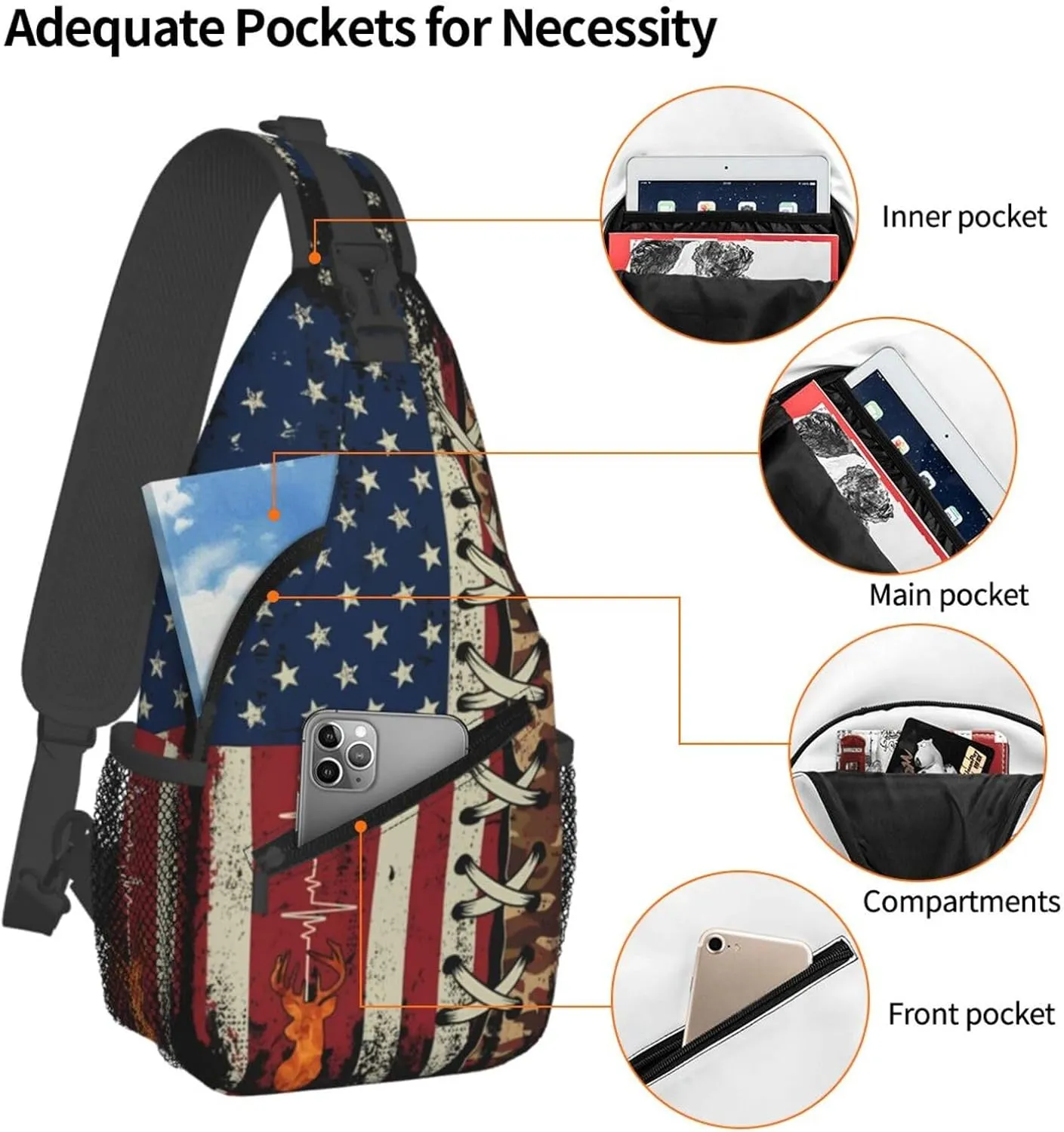 American Flag Hunting Buck Deer Crossbody Sling Bag Chest Bags Casual Shoulder Backpack Sport Fanny Pack Gym Diagonally Daypack with Adjustable Strap for Running