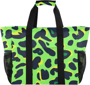 Animal Leopard Fur Print Lawn Green Black Utility Totes Collapsable Sandproof Canvas Beach Tote