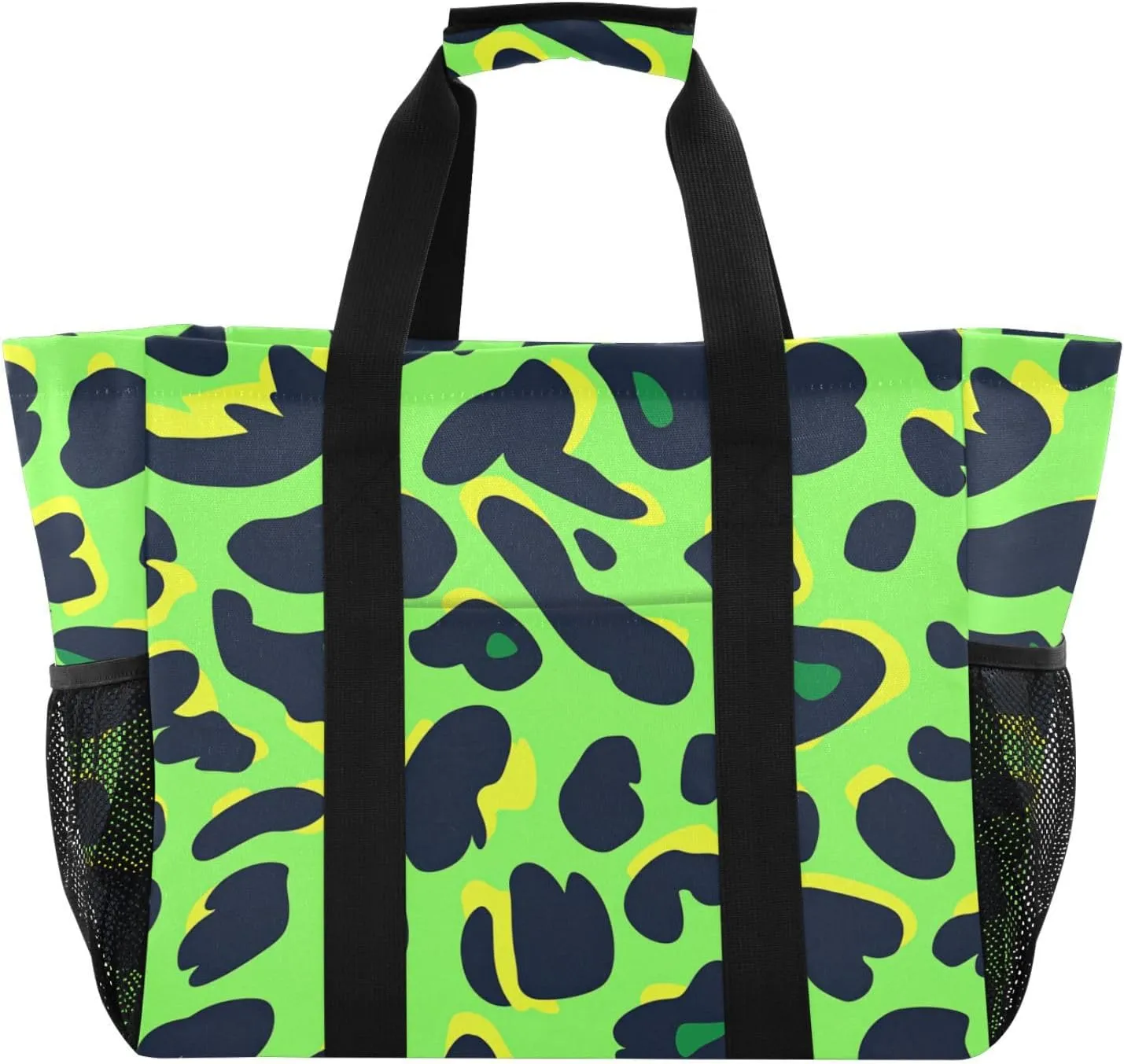 Animal Leopard Fur Print Lawn Green Black Utility Totes Collapsable Sandproof Canvas Beach Tote