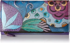Anna by Anuschka Women's Hand-Painted Genuine Leather Three Fold Clutch - Tribal Potpourri Eggplant