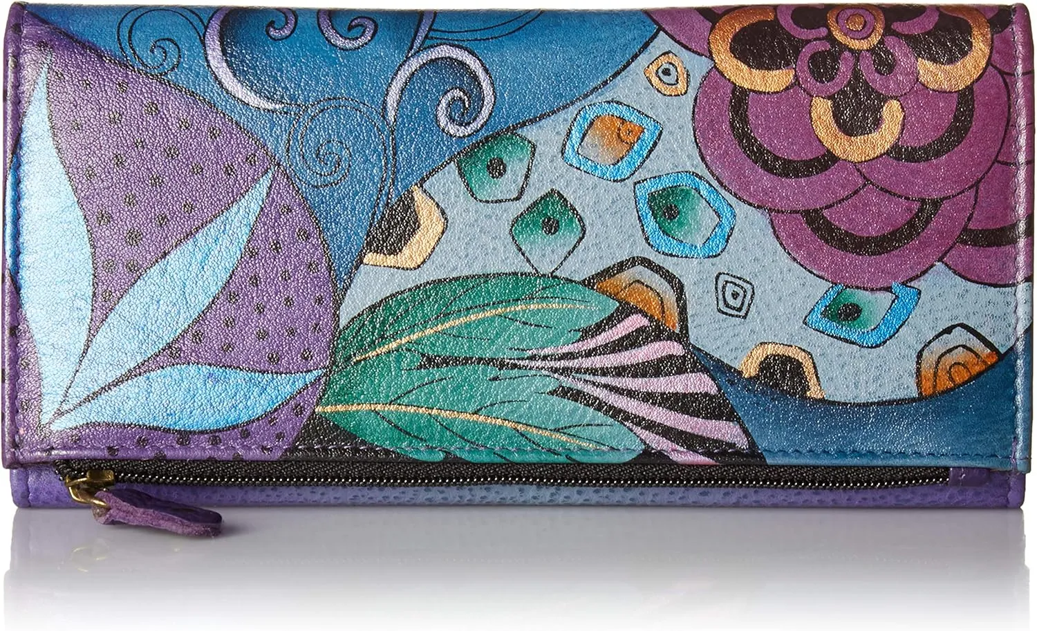 Anna by Anuschka Women's Hand-Painted Genuine Leather Three Fold Clutch - Tribal Potpourri Eggplant