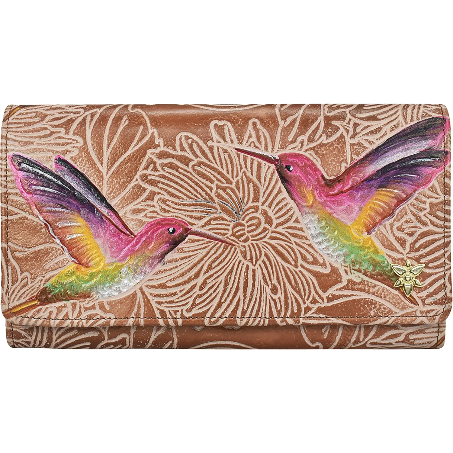 Anuschka RFID Blocking Accordion Flap Wallet Tooled Birds Tan Leather