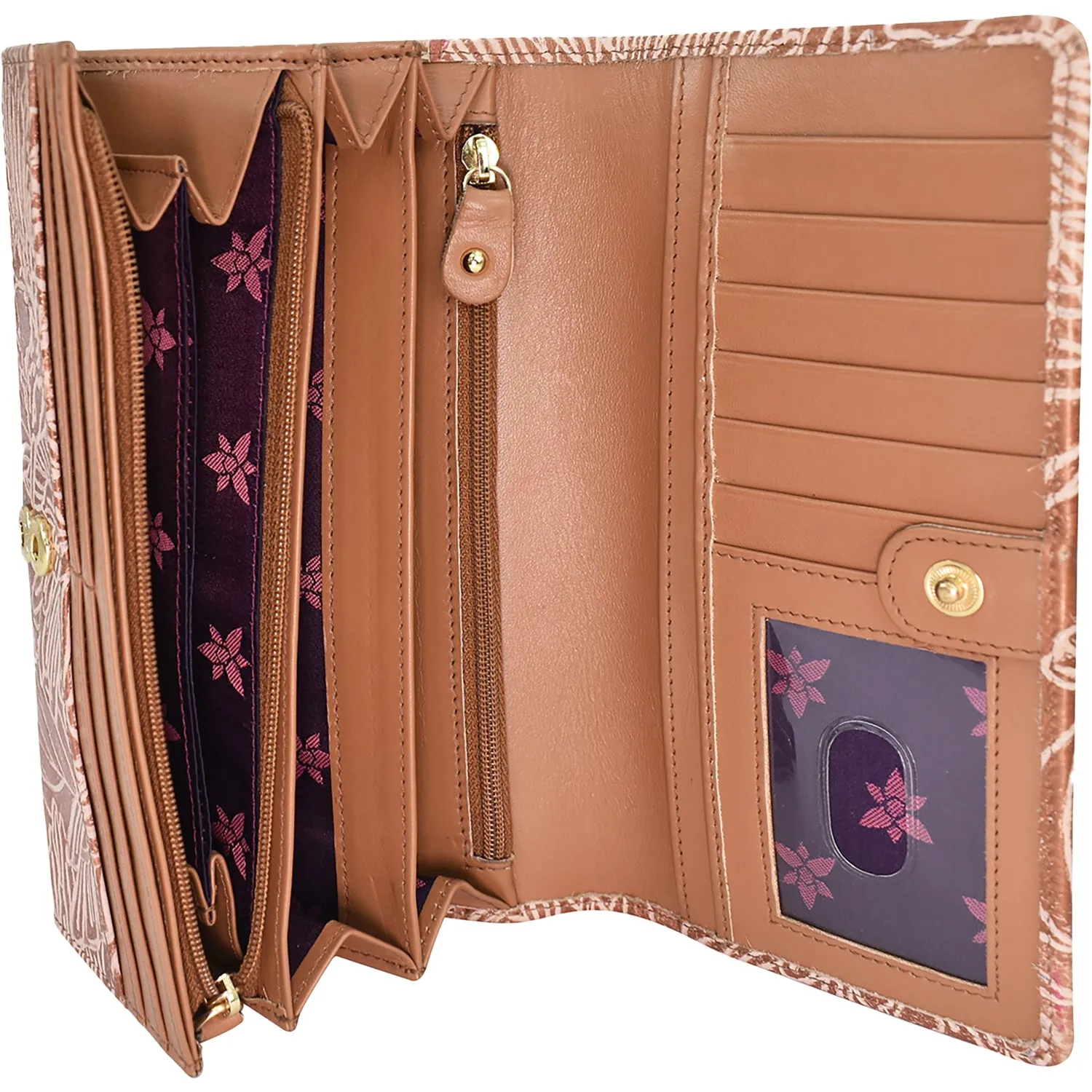 Anuschka RFID Blocking Accordion Flap Wallet Tooled Birds Tan Leather