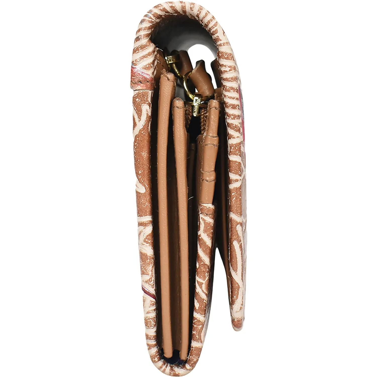 Anuschka RFID Blocking Accordion Flap Wallet Tooled Birds Tan Leather