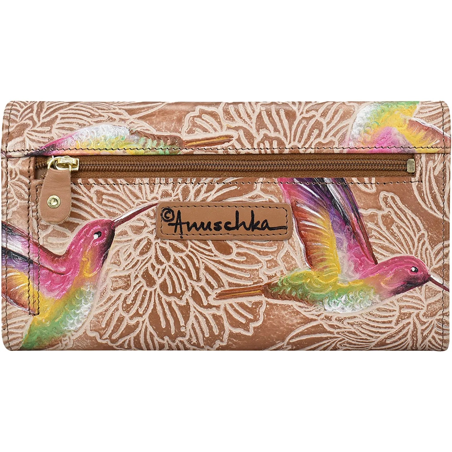 Anuschka RFID Blocking Accordion Flap Wallet Tooled Birds Tan Leather