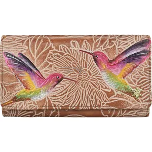 Anuschka RFID Blocking Accordion Flap Wallet Tooled Birds Tan Leather