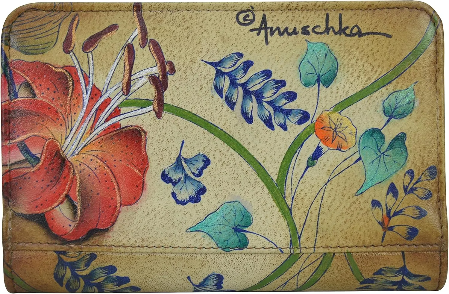 Anuschka Women’s Hand-Painted Genuine Leather Two Fold Organizer Wallet - Snap Button, RFID Protected Card Holders, ID Window