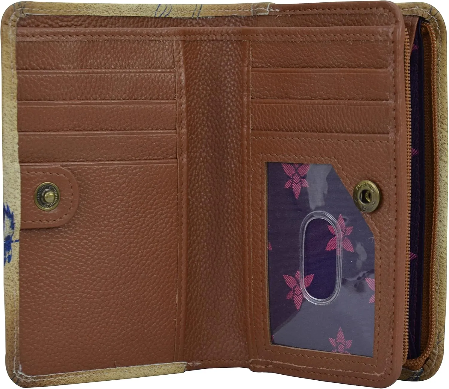 Anuschka Women’s Hand-Painted Genuine Leather Two Fold Organizer Wallet - Snap Button, RFID Protected Card Holders, ID Window