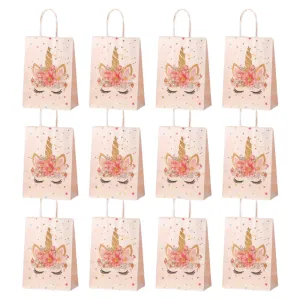 ANYPARTY Party Treat Bags Pink 12Pcs With Handle Unicorn Print Paper Pouches