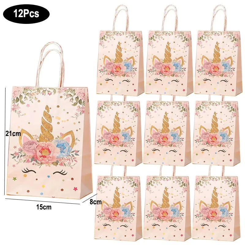 ANYPARTY Party Treat Bags Pink 12Pcs With Handle Unicorn Print Paper Pouches