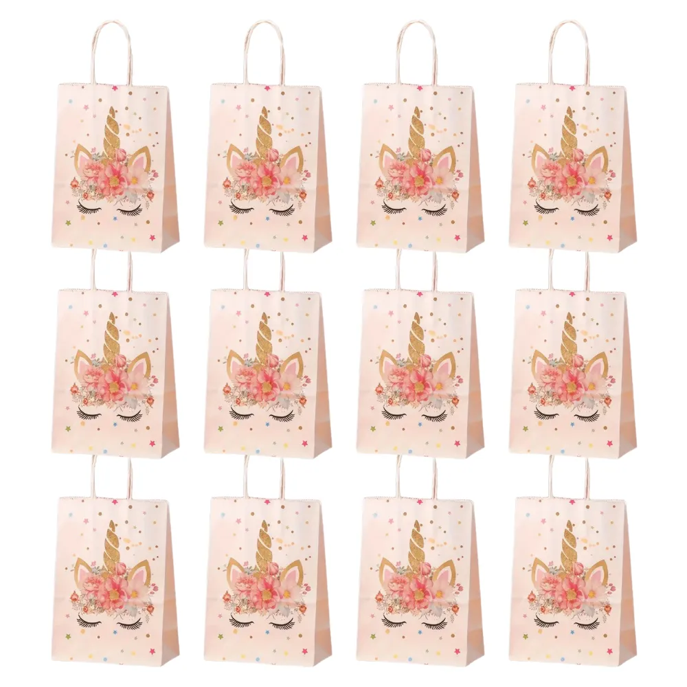 ANYPARTY Party Treat Bags Pink 12Pcs With Handle Unicorn Print Paper Pouches