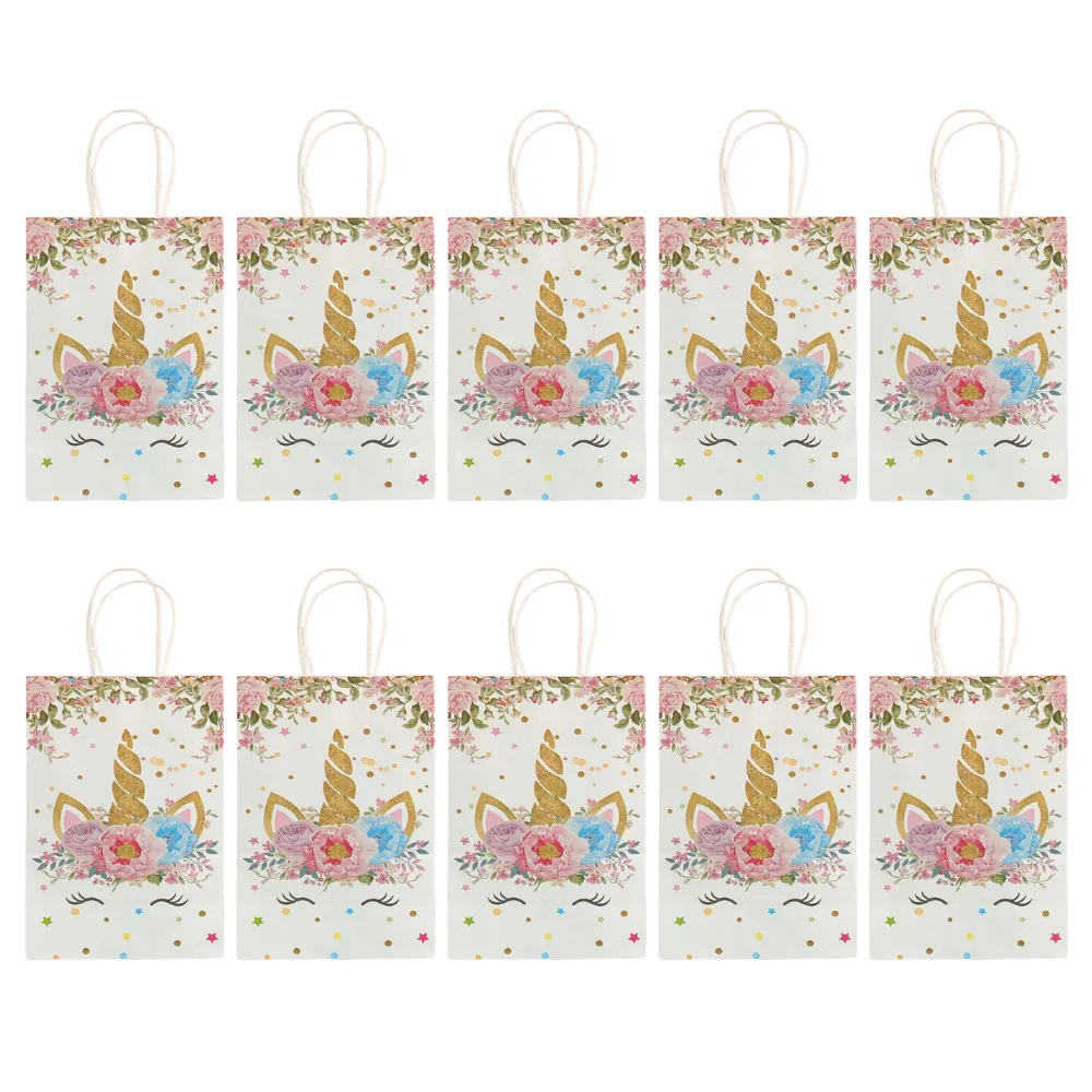 ANYPARTY Party Treat Bags White 10Pcs With Handle Unicorn Print Paper Pouches