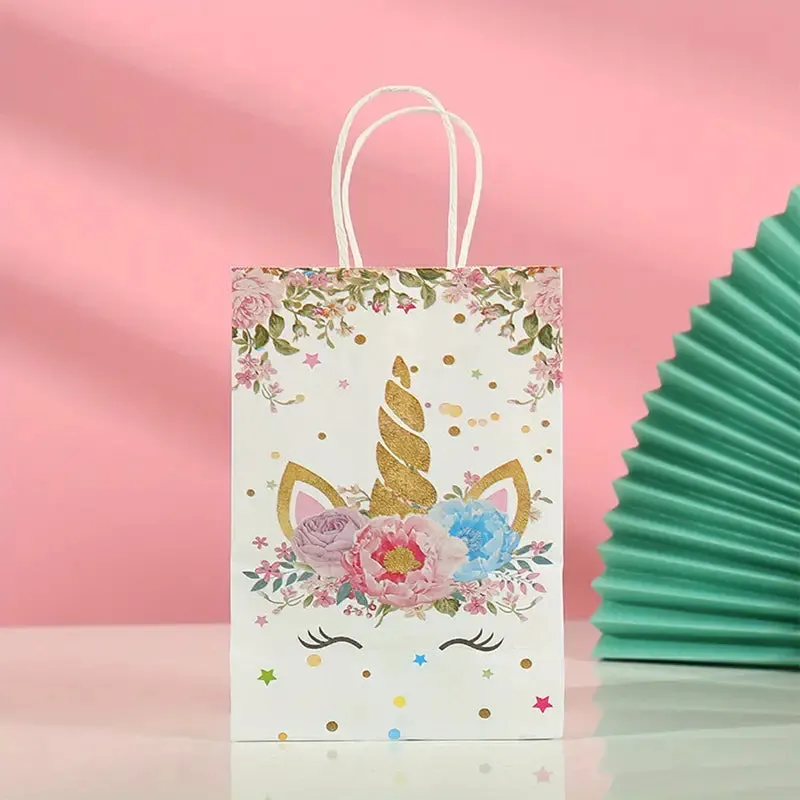ANYPARTY Party Treat Bags White 10Pcs With Handle Unicorn Print Paper Pouches