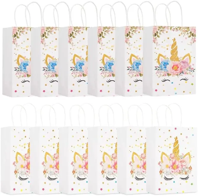 ANYPARTY Party Treat Bags White 10Pcs With Handle Unicorn Print Paper Pouches