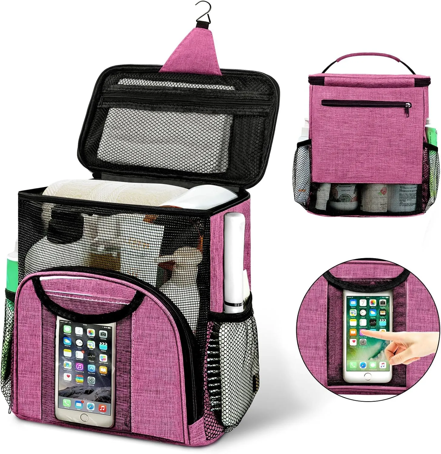 Attmu Portable Shower Caddy College Tote Bag, Quick Dry Hanging Toiletry Bag, Large Capacity Mesh Shower Caddy Portable for College Dorm Room Essentials for Boys and Girls for Bath Camping (Pink)