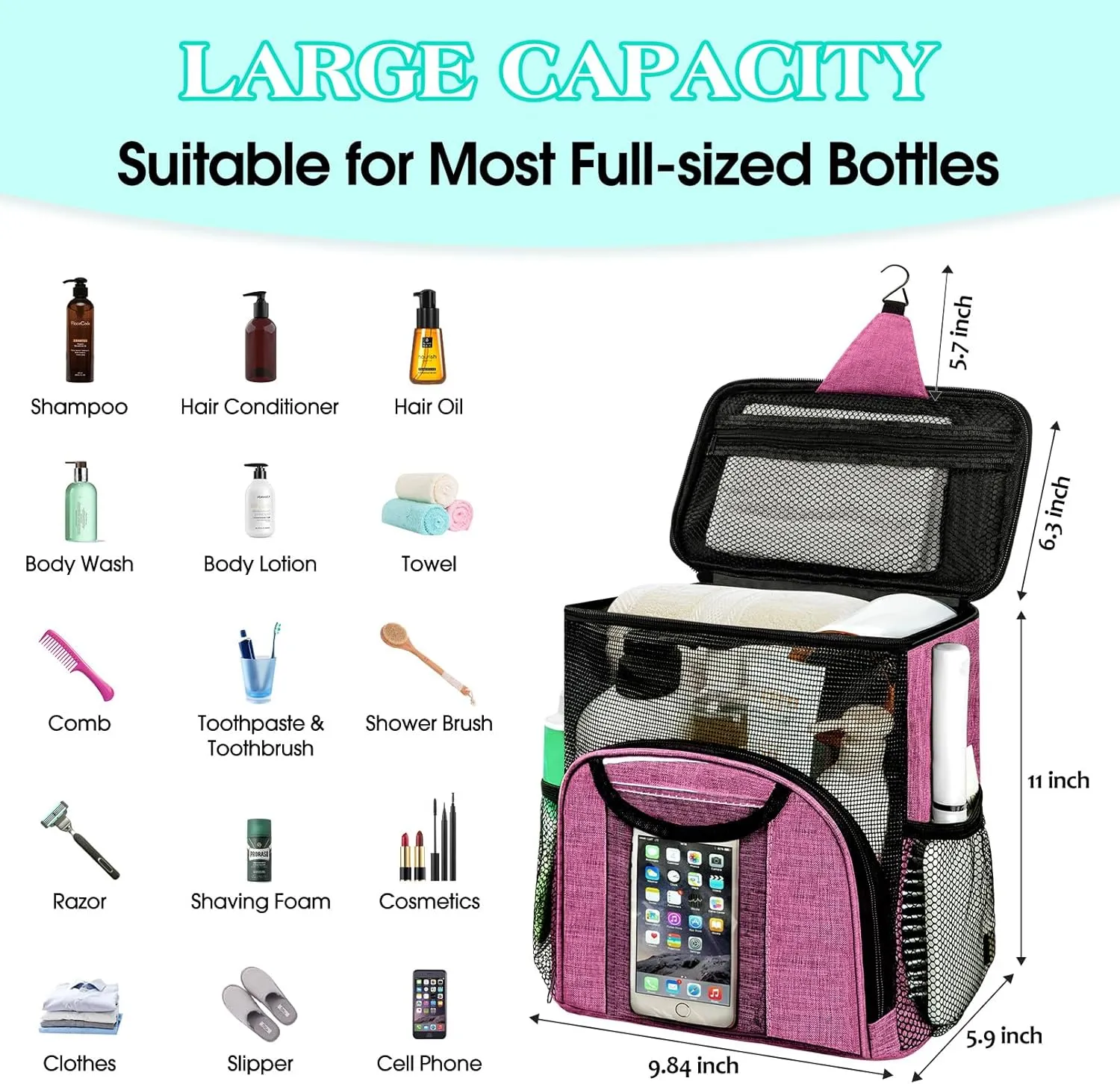 Attmu Portable Shower Caddy College Tote Bag, Quick Dry Hanging Toiletry Bag, Large Capacity Mesh Shower Caddy Portable for College Dorm Room Essentials for Boys and Girls for Bath Camping (Pink)