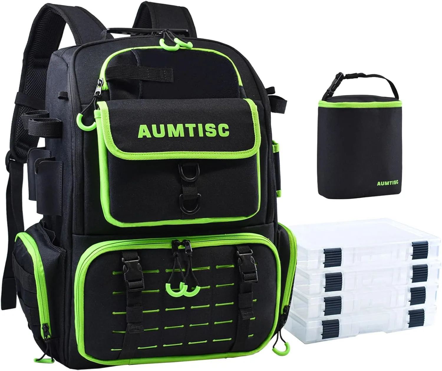 AUMTISC Fishing Tackle Bag Backpack with 2 Rod Holders, 4 Tackle Boxes, Rain Cover & Small Insulated Bag, Large Fishing Backpack for Fish Gear & Equipment