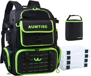 AUMTISC Fishing Tackle Bag Backpack with 2 Rod Holders, 4 Tackle Boxes, Rain Cover & Small Insulated Bag, Large Fishing Backpack for Fish Gear & Equipment