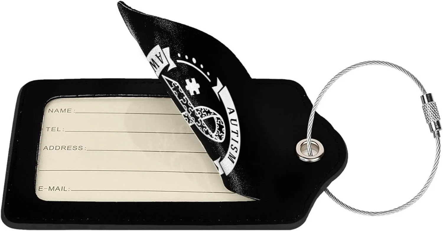 Autism Awareness Leather Baggage Bag Luggage Tags with Stainless Steel Loop and Privacy Cover, 2 PCS, Black