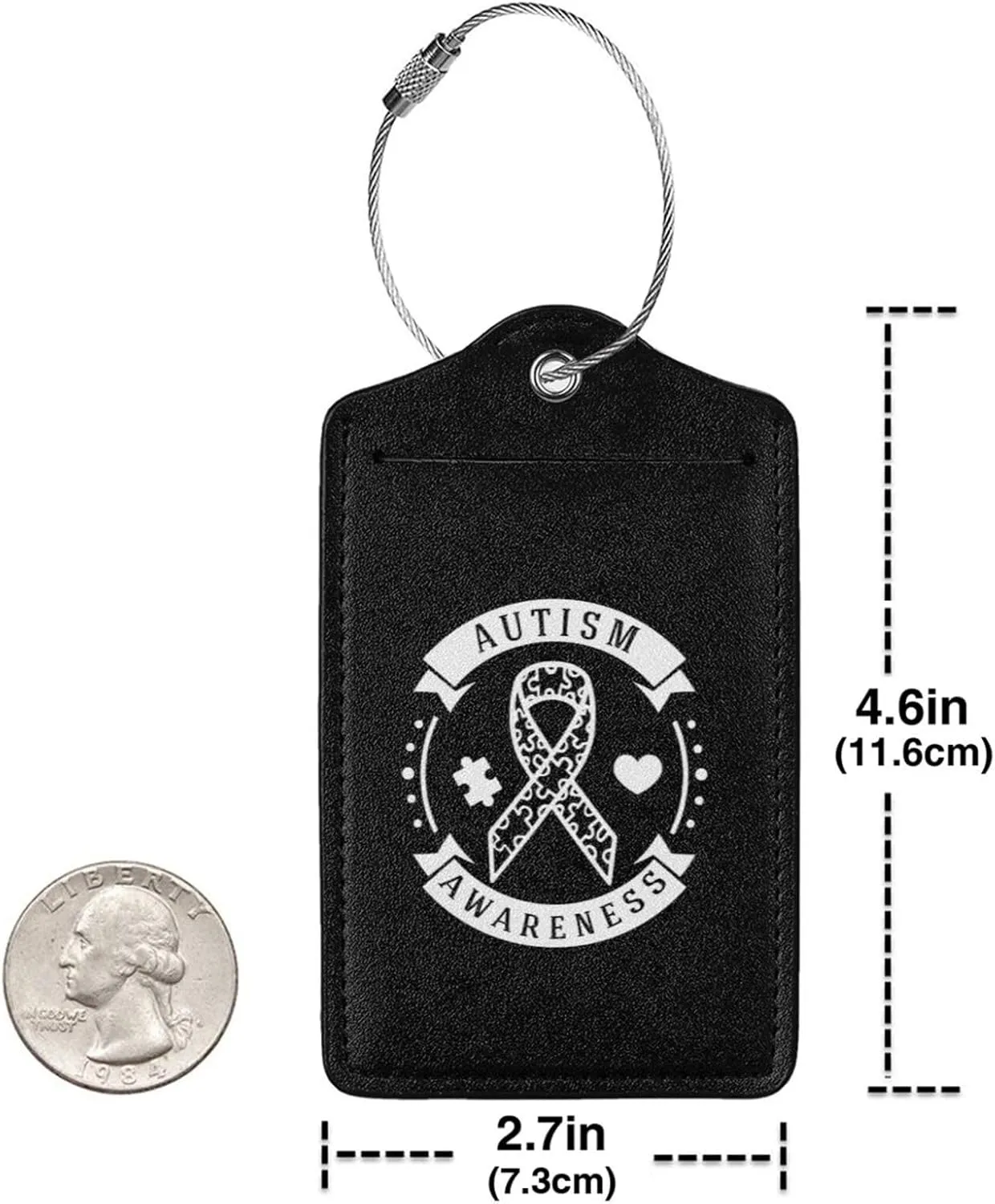 Autism Awareness Leather Baggage Bag Luggage Tags with Stainless Steel Loop and Privacy Cover, 2 PCS, Black