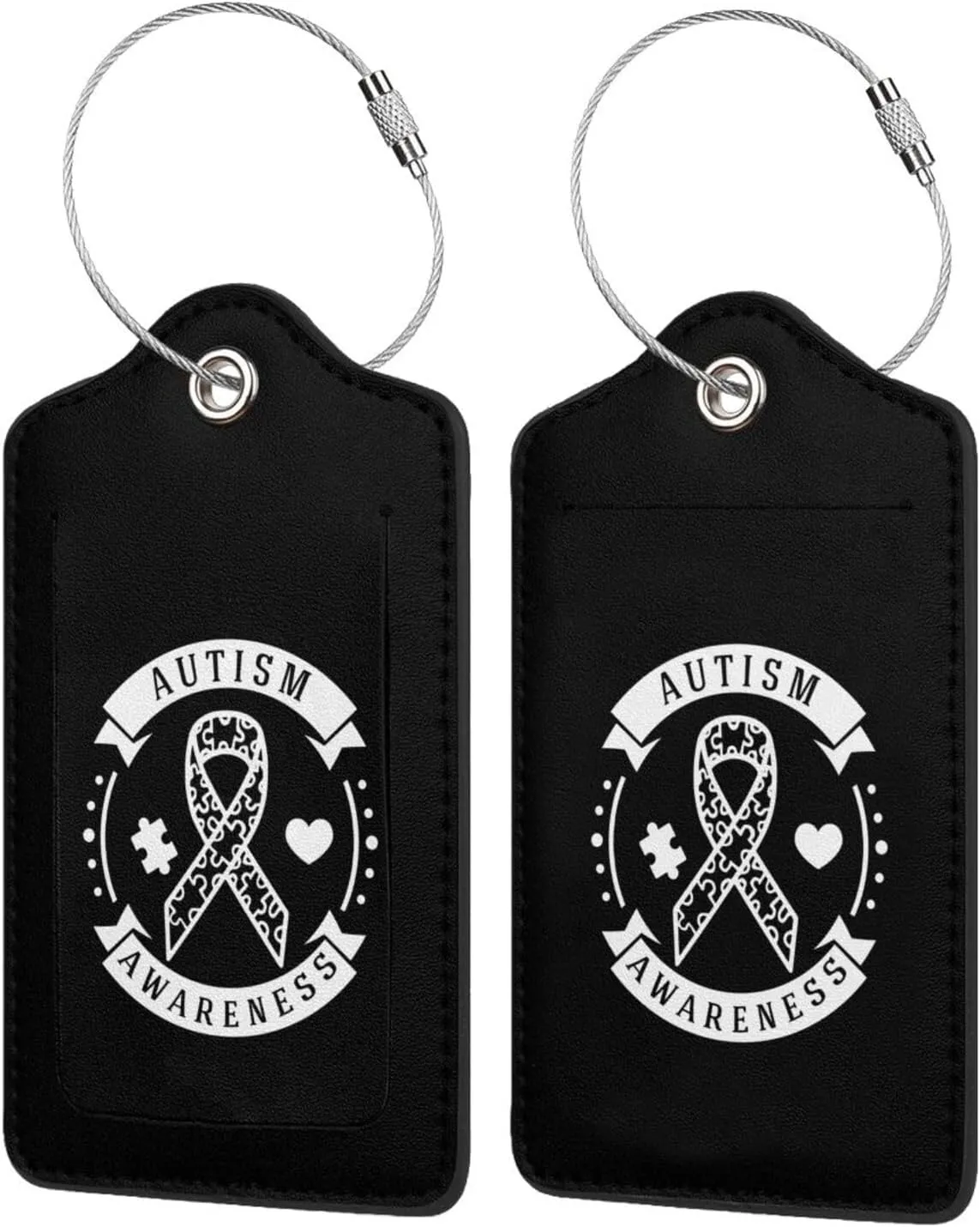Autism Awareness Leather Baggage Bag Luggage Tags with Stainless Steel Loop and Privacy Cover, 2 PCS, Black