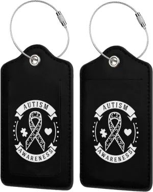 Autism Awareness Leather Baggage Bag Luggage Tags with Stainless Steel Loop and Privacy Cover, 2 PCS, Black