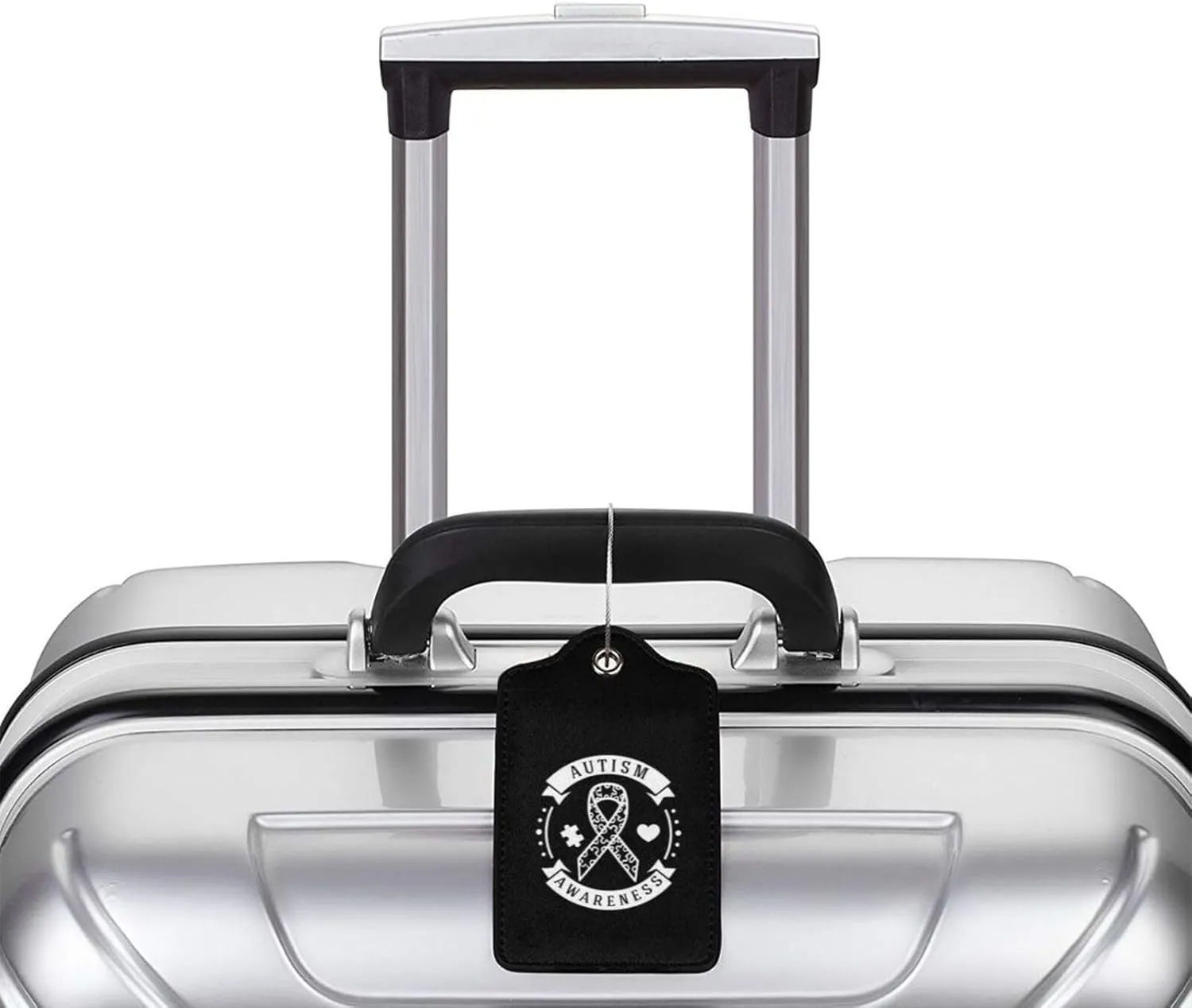 Autism Awareness Leather Baggage Bag Luggage Tags with Stainless Steel Loop and Privacy Cover, 2 PCS, Black