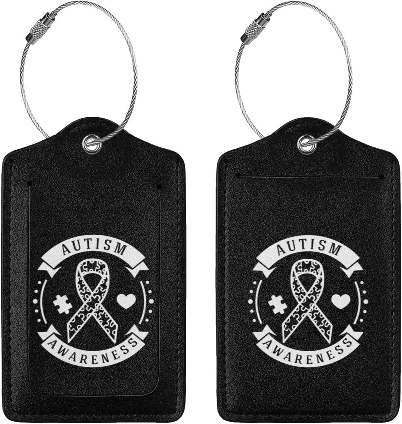 Autism Awareness Leather Baggage Bag Luggage Tags with Stainless Steel Loop and Privacy Cover, 2 PCS, Black