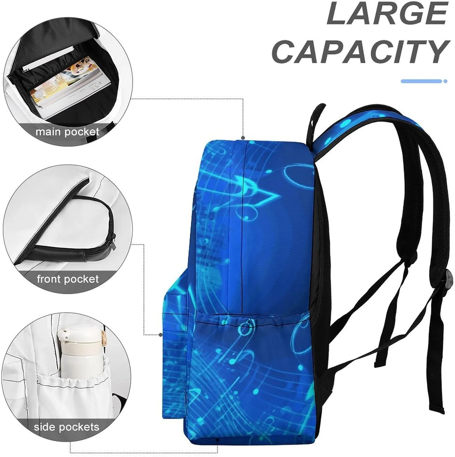 Backpack for Men Women Daypack Waterproof Blue Musical Notes Computer Bag Business Work Bag for Travel, 42x30x15cm