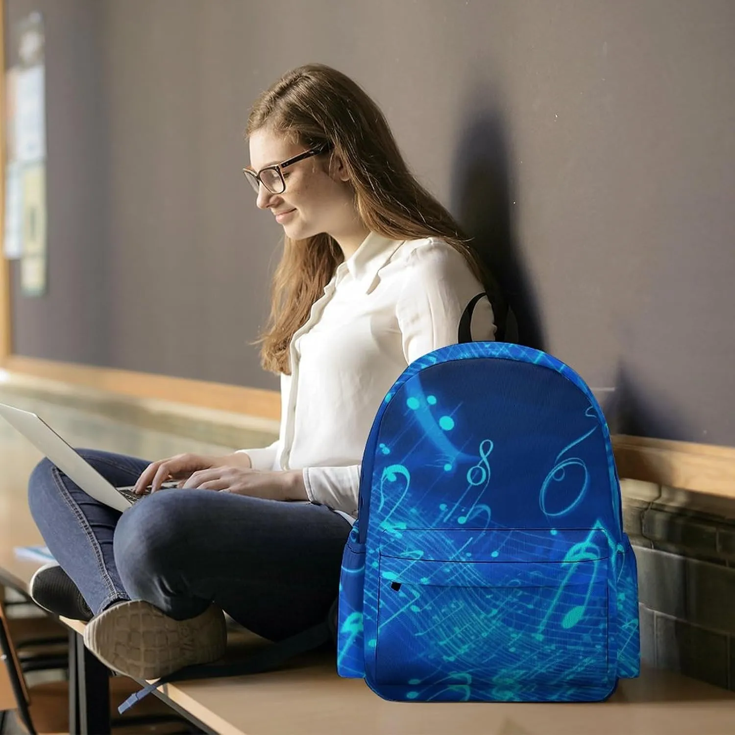 Backpack for Men Women Daypack Waterproof Blue Musical Notes Computer Bag Business Work Bag for Travel, 42x30x15cm